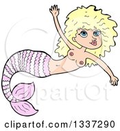 Poster, Art Print Of Cartoon Topless Pink Blond White Mermaid Swimming