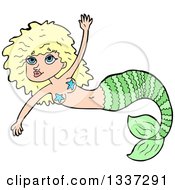 Poster, Art Print Of Cartoon Blond White Mermaid Swimming 2