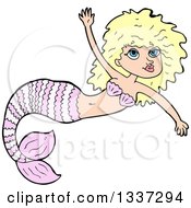 Poster, Art Print Of Cartoon Pink Blond White Mermaid Swimming 2