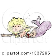 Poster, Art Print Of Cartoon Tattooed Topless Pink Blond White Mermaid Swimming