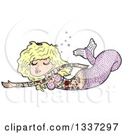 Clipart Of A Cartoon Tattooed Pink Blond White Mermaid Swimming Royalty Free Vector Illustration