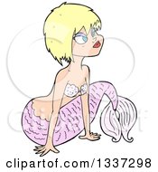 Poster, Art Print Of Cartoon Pink Blond White Mermaid Pushing Herself Up With Her Arms