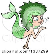 Poster, Art Print Of Cartoon Green White Mermaid Blowing A Kiss 2