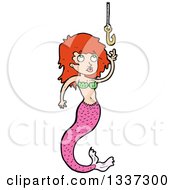 Poster, Art Print Of Cartoon Red Haired White Mermaid Reaching For A Hook 2