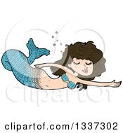 Poster, Art Print Of Cartoon Blue Brunette White Mermaid Swimming