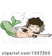 Poster, Art Print Of Cartoon Topless Green Brunette White Mermaid Swimming