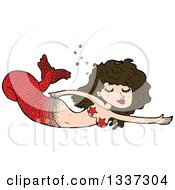 Poster, Art Print Of Cartoon Red Brunette White Mermaid Swimming