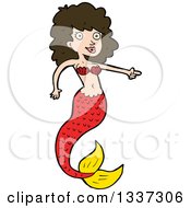 Clipart Of A Cartoon Red Brunette White Mermaid Pointing Royalty Free Vector Illustration by lineartestpilot