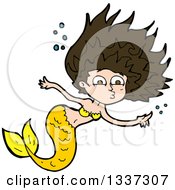 Poster, Art Print Of Cartoon Yellow Brunette White Mermaid Swimming And Pointing