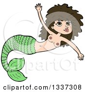 Poster, Art Print Of Cartoon Topless Green Brunette White Mermaid Swimming 2