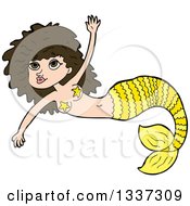 Clipart Of A Cartoon Yellow Brunette White Mermaid Swimming Royalty Free Vector Illustration