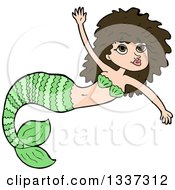 Poster, Art Print Of Cartoon Green Brunette White Mermaid Swimming