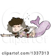 Poster, Art Print Of Cartoon Tattooed Pink Brunette White Mermaid Swimming