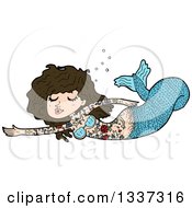 Poster, Art Print Of Cartoon Blue Tattooed Brunette White Mermaid Swimming
