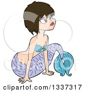 Poster, Art Print Of Cartoon Purple And Blue Brunette White Mermaid Pushing Herself Up With Her Arms