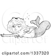 Lineart Clipart Of A Cartoon Black And White Topless Mermaid Swimming Royalty Free Outline Vector Illustration