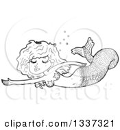 Lineart Clipart Of A Cartoon Black And White Mermaid Swimming 2 Royalty Free Outline Vector Illustration