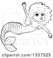 Lineart Clipart Of A Cartoon Black And White Topless Mermaid Swimming 2 Royalty Free Outline Vector Illustration