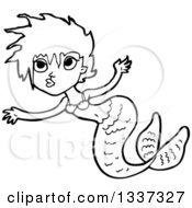Lineart Clipart Of A Cartoon Black And White Mermaid Swimming 6 Royalty Free Outline Vector Illustration