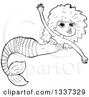 Lineart Clipart Of A Cartoon Black And White Mermaid Swimming 3 Royalty Free Outline Vector Illustration