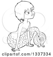 Lineart Clipart Of A Cartoon Black And White Mermaid Propped Up With Her Arms 2 Royalty Free Outline Vector Illustration
