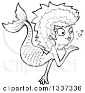 Lineart Clipart Of A Cartoon Black And White Mermaid Blowing A Kiss 2 Royalty Free Outline Vector Illustration by lineartestpilot