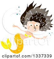 Poster, Art Print Of Textured Yellow Brunette White Mermaid Swimming And Pointing 2