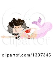 Clipart Of A Textured Tattooed Pink Brunette White Mermaid Swimming 2 Royalty Free Vector Illustration