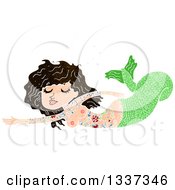 Poster, Art Print Of Textured Green Topless Tattooed Brunette White Mermaid Swimming 2