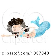 Poster, Art Print Of Textured Blue Tattooed Brunette White Mermaid Swimming 2