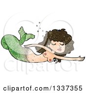 Poster, Art Print Of Textured Topless Green Brunette White Mermaid Swimming