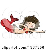 Clipart Of A Textured Red Brunette White Mermaid Swimming Royalty Free Vector Illustration