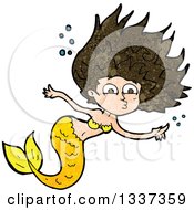 Poster, Art Print Of Textured Yellow Brunette White Mermaid Swimming And Pointing