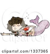 Clipart Of A Textured Tattooed Pink Brunette White Mermaid Swimming Royalty Free Vector Illustration