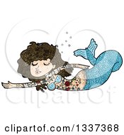 Poster, Art Print Of Textured Blue Tattooed Brunette White Mermaid Swimming