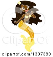 Clipart Of A Textured Beautiful Black Mermaid With Long Hair And Yellow Tail Royalty Free Vector Illustration