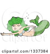 Clipart Of A Textured Comic Green White Mermaid Swimming Royalty Free Vector Illustration