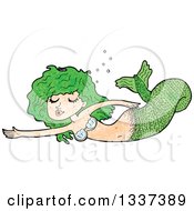 Poster, Art Print Of Textured Green White Mermaid Swimming