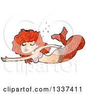Clipart Of A Textured Red Haired White Mermaid Swimming Royalty Free Vector Illustration