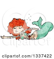 Clipart Of A Textured Tattooed Red Haired White Mermaid Swimming Royalty Free Vector Illustration