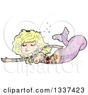 Clipart Of A Textured Tattooed Topless Pink Blond White Mermaid Swimming Royalty Free Vector Illustration
