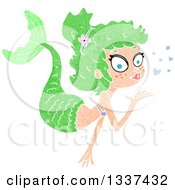 Poster, Art Print Of Textured Green White Mermaid Blowing A Kiss 4