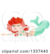 Poster, Art Print Of Textured Tattooed Red Haired White Mermaid Swimming 2