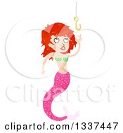 Clipart Of A Textured Red Haired White Mermaid Reaching For A Hook Royalty Free Vector Illustration by lineartestpilot