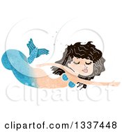 Poster, Art Print Of Textured Blue Brunette White Mermaid Swimming 2
