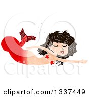 Poster, Art Print Of Textured Red Brunette White Mermaid Swimming 2