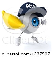 Clipart Of A 3d Blue Police Eyeball Character Facing Slightly Right Jumping And Holding A Banana Royalty Free Illustration