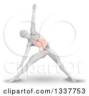Poster, Art Print Of 3d Anatomical Man Stretching In A Yoga Pose With Visible Torso Skeleton And A Highlighed Red Area On White