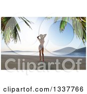 Poster, Art Print Of 3d Caucasian Woman In A Bikini Standing Relaxed On A Tropical Beach At Sunset