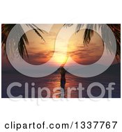 Poster, Art Print Of 3d Caucasian Woman In A Bikini Standing Relaxed And Wading In Water Off Of A On A Tropical Beach At Sunset